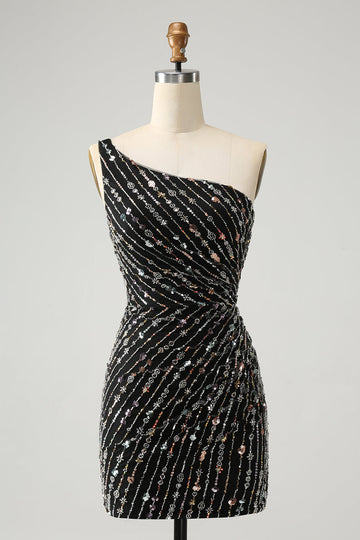 Vestido de cóctel ajustado corto con purpurina negra y pedrería